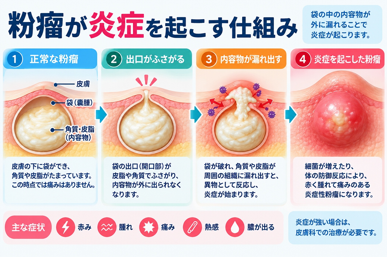 粉瘤が炎症を起こす仕組みを、皮膚の下にできた袋に角質や皮脂がたまり、袋の内容物が周囲の組織に漏れ出して炎症が起こり、赤み・腫れ・痛みなどが現れるまでの流れで示した図