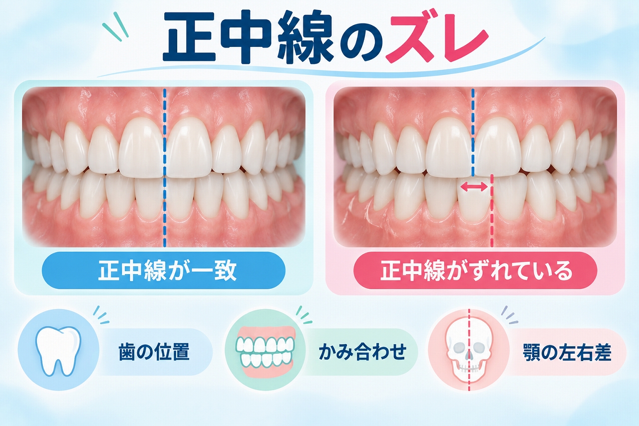 上下の歯の正中線が一致した状態とずれた状態を比較し、歯の位置・かみ合わせ・顎の左右差との関係を示した歯科イラスト