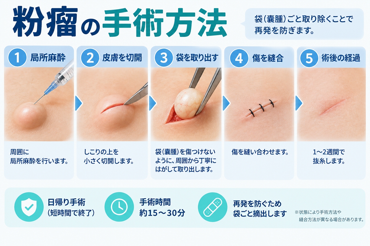 粉瘤の手術方法を、局所麻酔、皮膚の切開、粉瘤の袋の摘出、傷口の縫合、術後の経過まで5段階で示した図