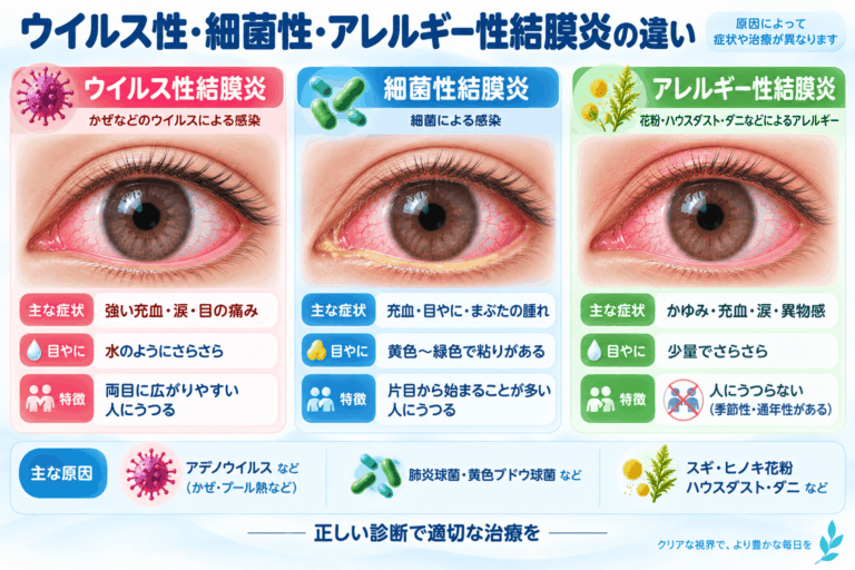 ウイルス性・細菌性・アレルギー性結膜炎の違い｜症状・目やに・原因を比較