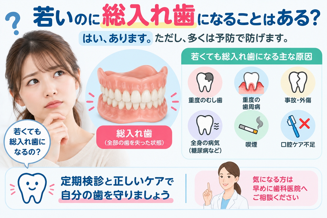 若くても総入れ歯になる可能性について、重度の虫歯や歯周病、事故・外傷など歯を失う主な原因と予防の大切さを示した歯科イラスト