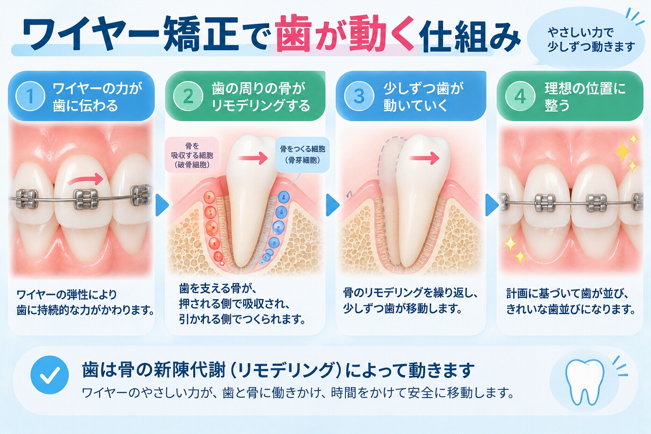 ワイヤー矯正の力が歯に伝わり、歯を支える骨の吸収と形成を繰り返しながら歯が少しずつ移動する仕組みを示した歯科イラスト