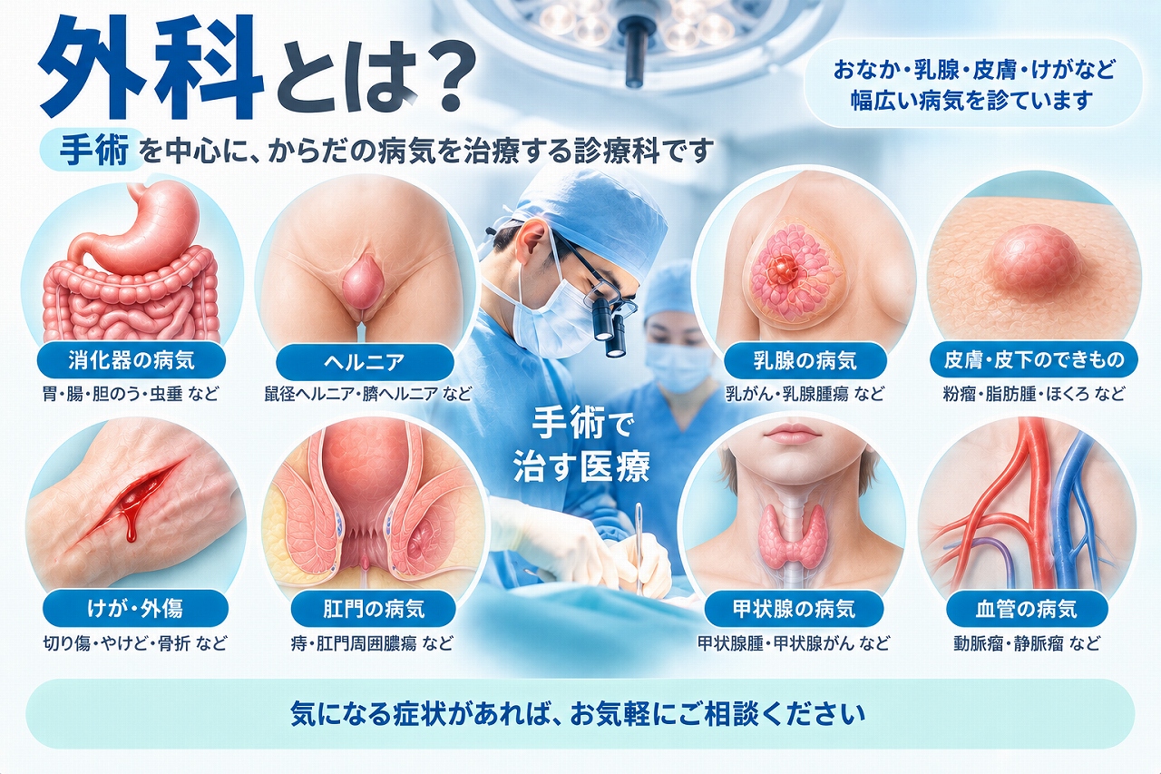 外科とは手術などを用いて病気やけがを治療する診療科で、消化器疾患、ヘルニア、乳腺疾患、皮膚・皮下のできもの、外傷、肛門疾患、甲状腺疾患、血管疾患など主な診療対象を示した図