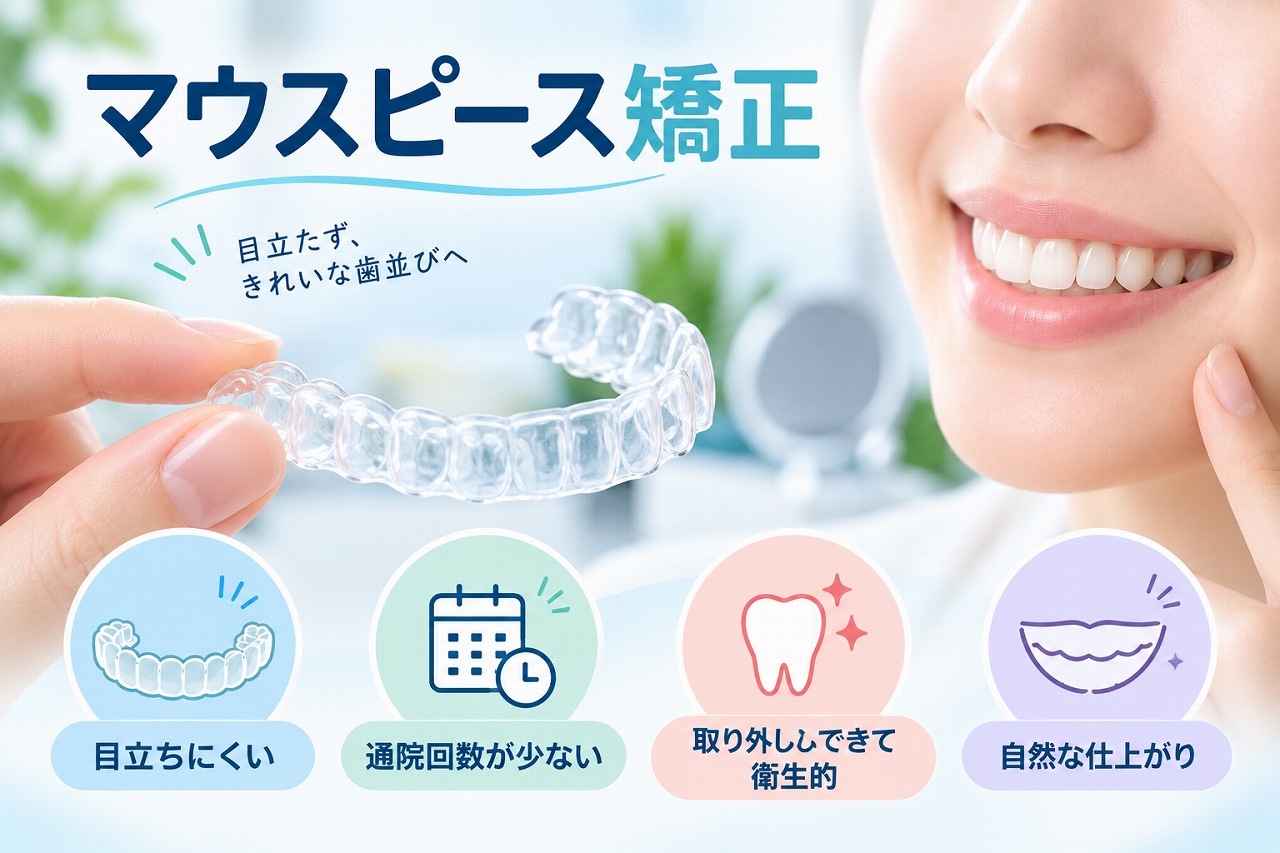 透明なマウスピース型矯正装置と、目立ちにくく取り外しができるマウスピース矯正の特徴を示した歯科イラスト