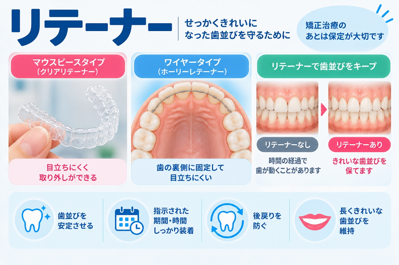 矯正治療後に使用するリテーナーについて、取り外し式のクリアリテーナーと固定式ワイヤーリテーナー、後戻りを防ぐ役割を示した歯科イラスト