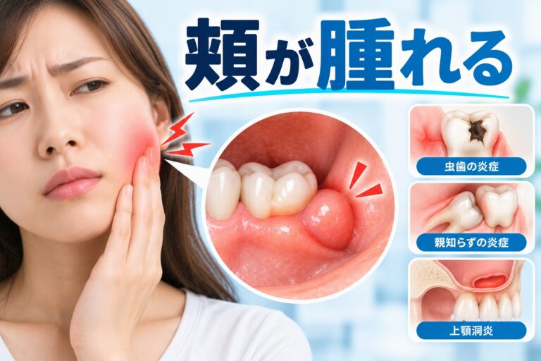 頬が腫れた状態と、原因となる歯の感染・歯ぐきの炎症・唾液腺の炎症を示したイラスト