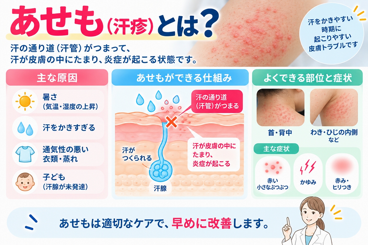 あせも（汗疹）とは、汗の通り道である汗管がつまって汗が皮膚内にたまり、炎症が起こる皮膚トラブルで、暑さ・発汗・蒸れなどの原因や、赤いぶつぶつ・かゆみ・ヒリつきなどの症状を示した図