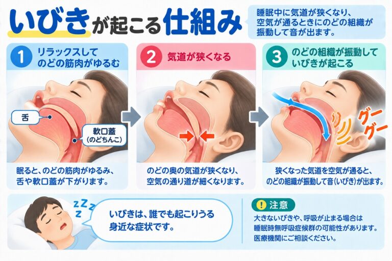 いびきが起こる仕組みを解説したインフォグラフィック。睡眠中にのどの筋肉がゆるみ、舌や軟口蓋などによって気道が狭くなり、空気が通る際にのどの組織が振動していびきの音が生じる流れを紹介