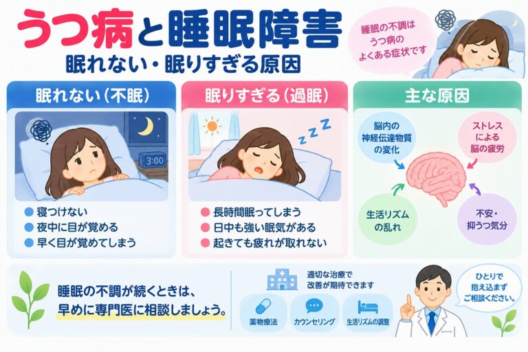 うつ病と睡眠障害の関係とは？眠れない・眠りすぎる原因と治療法を図解