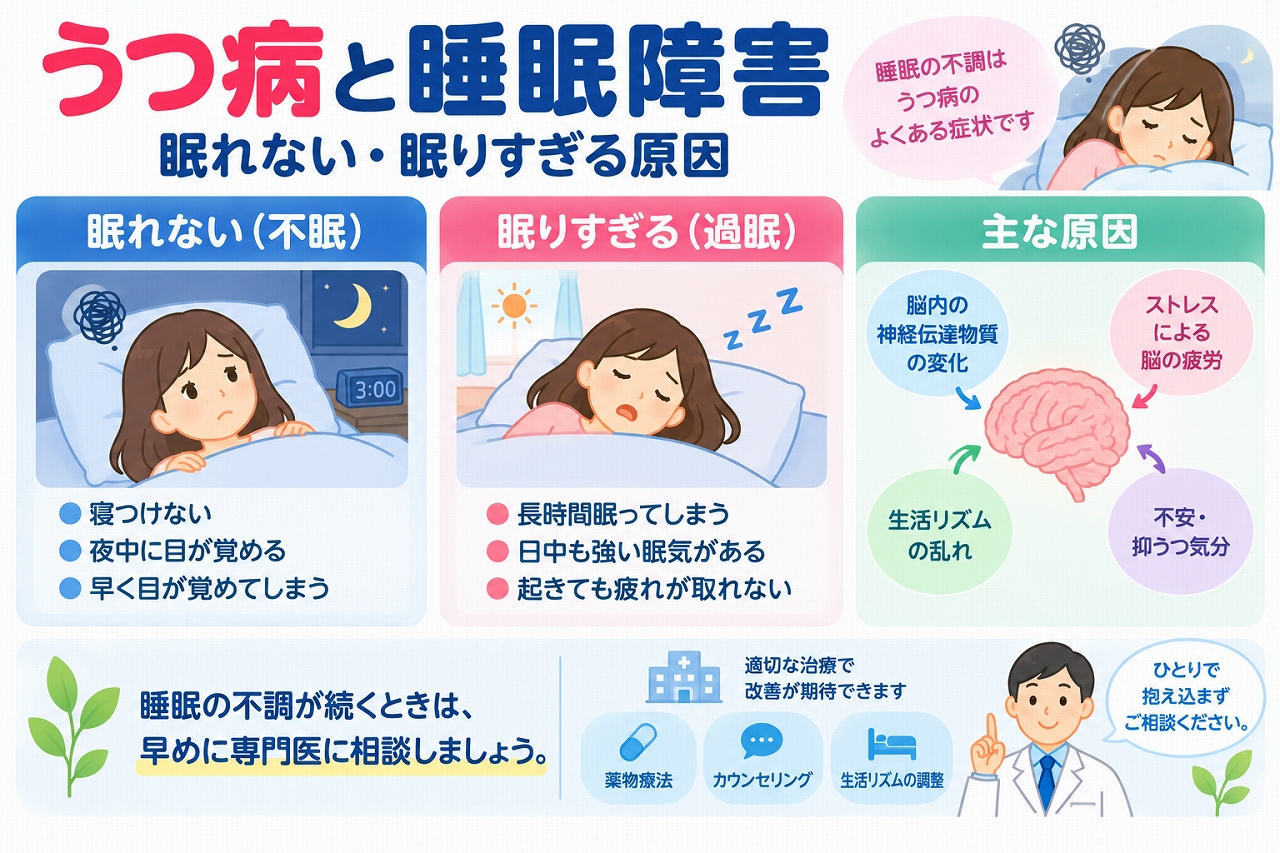 うつ病と睡眠障害の関係を解説した医療インフォグラフィック。不眠では寝つけない、夜中に目が覚める、早朝に目覚めるなどの症状があり、過眠では長時間眠る、日中に強い眠気を感じるなどの症状を紹介。脳の働きの変化、ストレス、不安、生活リズムの乱れとの関係や、薬物療法、カウンセリング、生活習慣の調整などの対処法を図解。