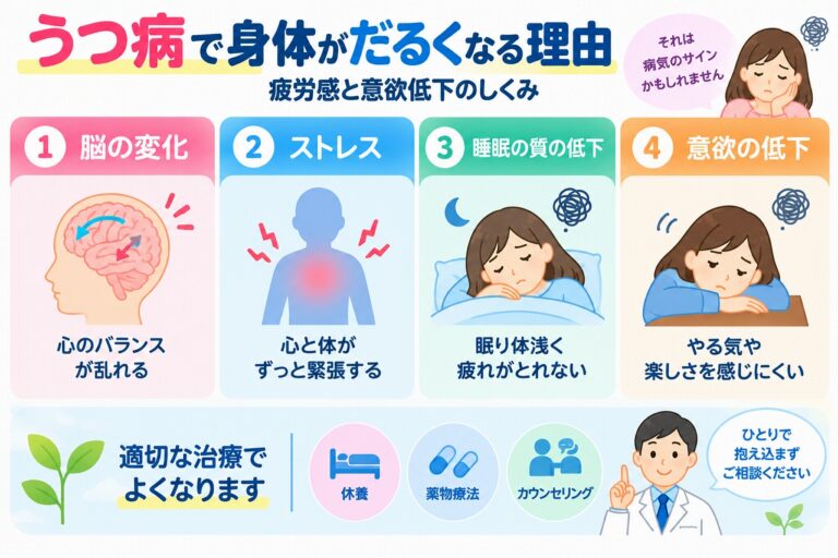 うつ病で身体がだるくなる理由とは？疲労感・意欲低下の仕組みと治療法を図解