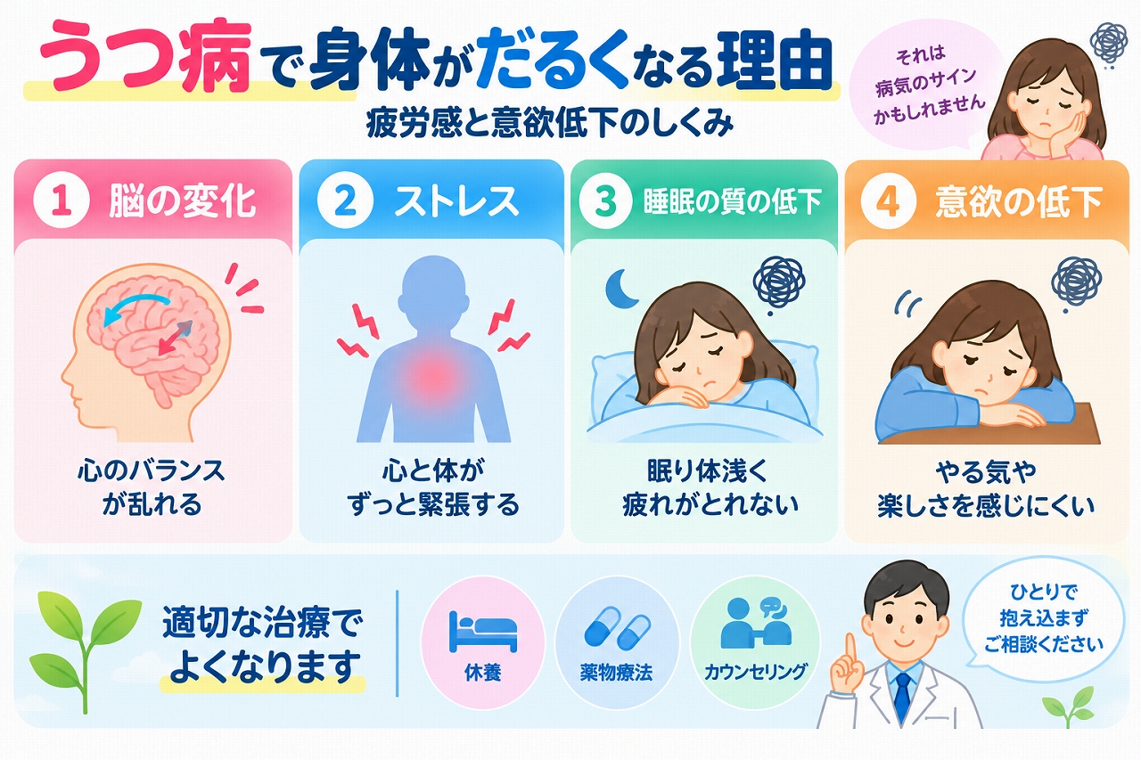 うつ病による身体のだるさや疲労感、意欲低下の仕組みを解説した医療インフォグラフィック。脳の働きの変化、ストレス、睡眠の質の低下、意欲の低下という4つの要因をイラストで紹介。休養、薬物療法、カウンセリングなどの治療方法と、専門医への相談の重要性を図解。