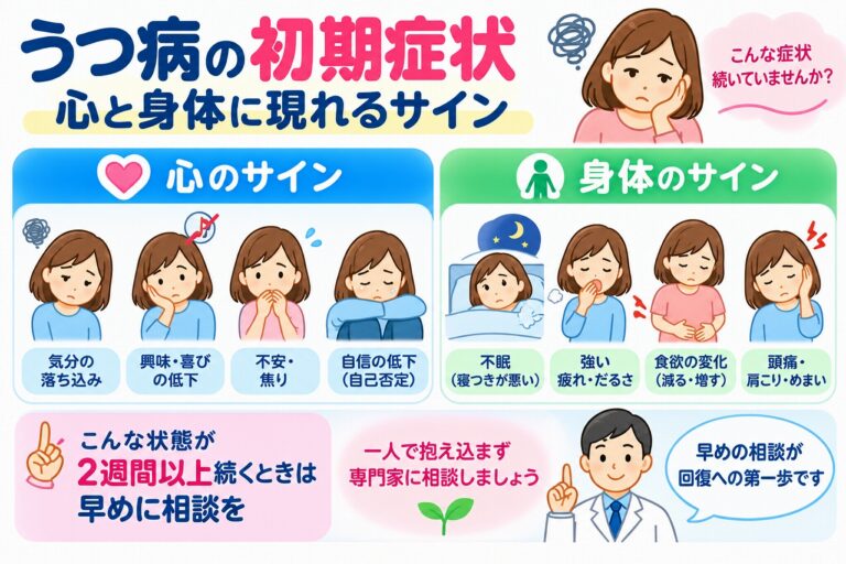 うつ病の初期症状を心と身体のサインに分けて解説した医療インフォグラフィック。心の症状として気分の落ち込み、興味や喜びの低下、不安、焦り、自信の低下を紹介。身体の症状として不眠、強い疲労感、食欲の変化、頭痛、肩こり、めまいなどをイラストで図解。症状が2週間以上続く場合の受診の目安と、早期相談の重要性を説明。