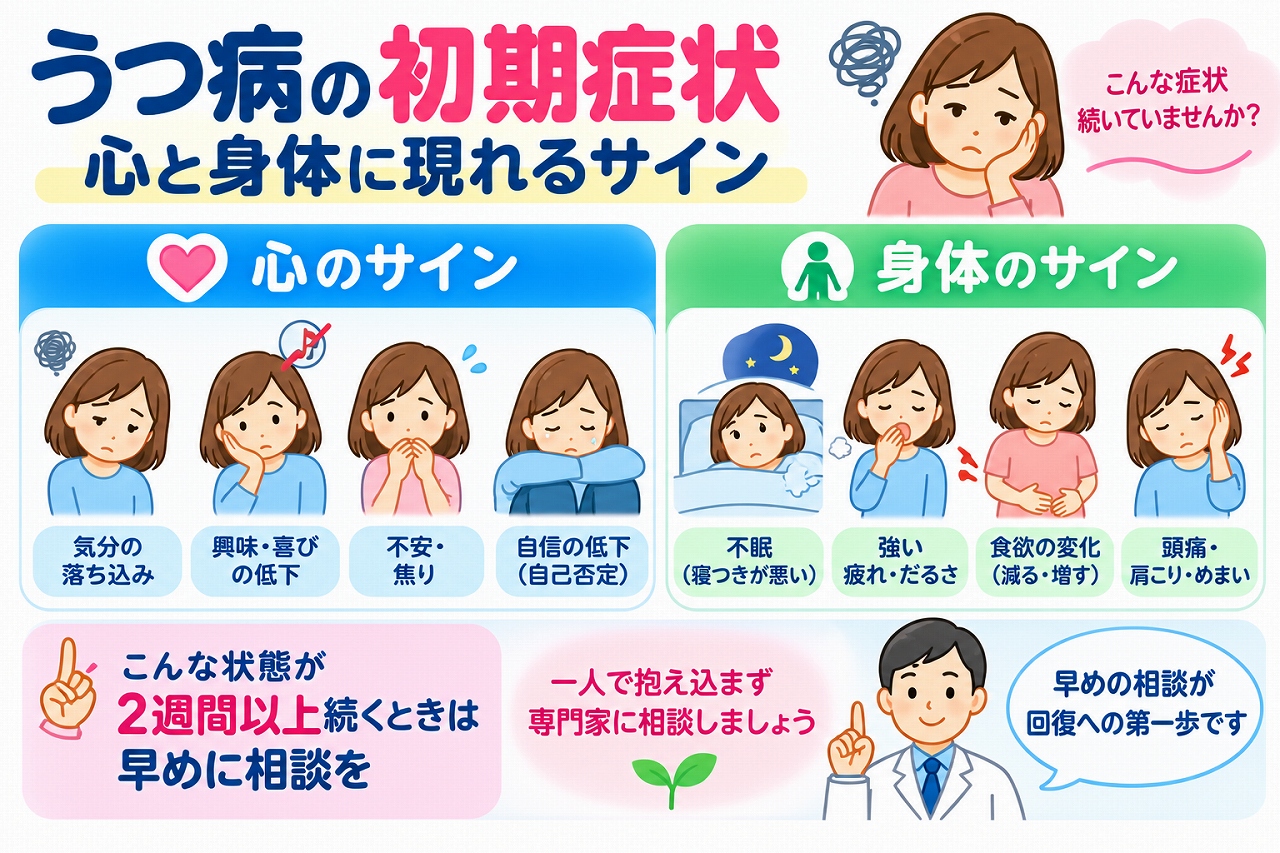 うつ病の初期症状を心と身体のサインに分けて解説した医療インフォグラフィック。心の症状として気分の落ち込み、興味や喜びの低下、不安、焦り、自信の低下を紹介。身体の症状として不眠、強い疲労感、食欲の変化、頭痛、肩こり、めまいなどをイラストで図解。症状が2週間以上続く場合の受診の目安と、早期相談の重要性を説明。