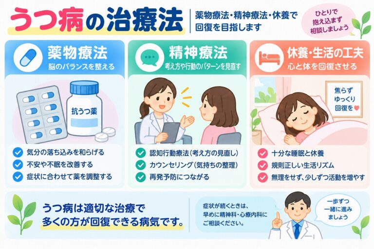 うつ病の治療法とは？薬物療法・精神療法・休養の違いと回復への流れを図解
