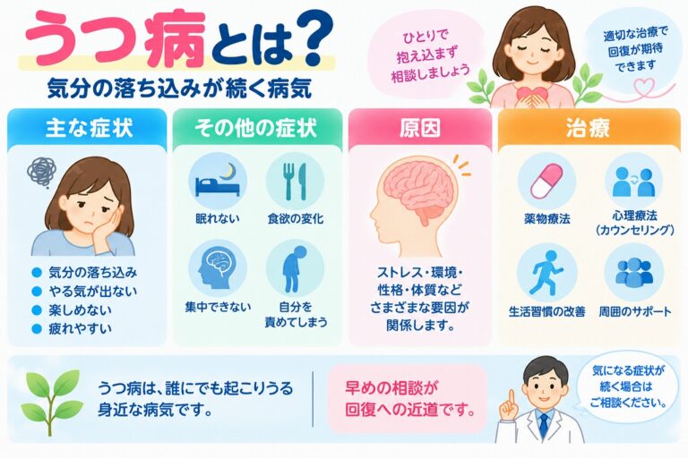 うつ病の主な症状や発症に関わる要因、治療法を解説した医療インフォグラフィック。気分の落ち込み、意欲低下、興味や喜びの喪失、疲労感などの症状と、不眠、食欲の変化、集中力低下、自責感などをイラストで紹介。ストレス、生活環境、体質など複数の要因が関係することや、薬物療法、精神療法、生活習慣の調整、周囲の支援などの治療・サポート方法を図解。