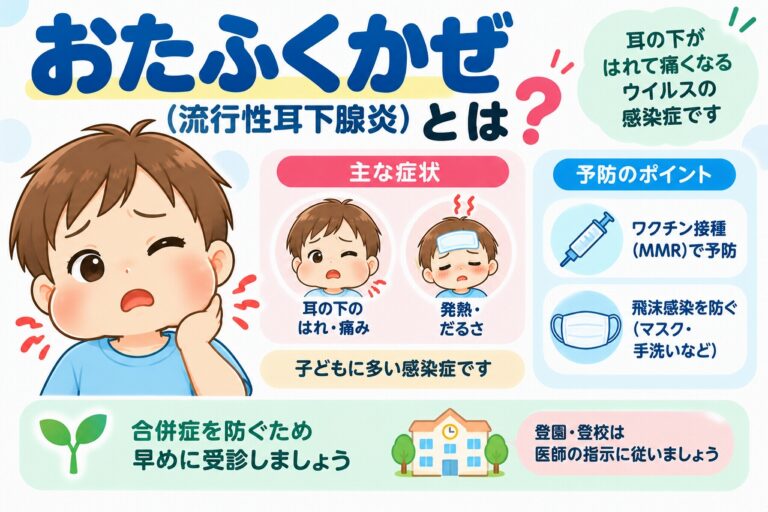 おたふくかぜ（流行性耳下腺炎）の主な症状と予防方法を解説した医療インフォグラフィック。耳の下が腫れて痛む子どものイラストとともに、耳下腺の腫れや痛み、発熱、だるさなどの症状を紹介。ムンプスウイルスによる感染と、ワクチン接種、手洗い、マスクの着用などの感染対策、登園・登校の目安を図解。
