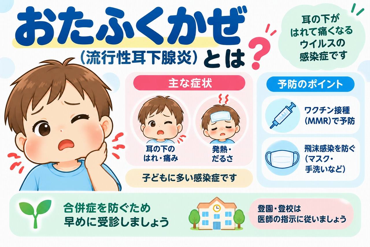 おたふくかぜ（流行性耳下腺炎）の主な症状と予防方法を解説した医療インフォグラフィック。耳の下が腫れて痛む子どものイラストとともに、耳下腺の腫れや痛み、発熱、だるさなどの症状を紹介。ムンプスウイルスによる感染と、ワクチン接種、手洗い、マスクの着用などの感染対策、登園・登校の目安を図解。