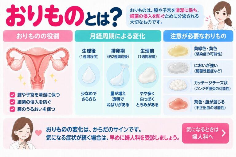 おりものの役割や正常な変化を解説したインフォグラフィック。腟内を清潔に保ち細菌の侵入を防ぐ働きや、月経周期による量・粘り・色の変化、黄色・黄緑色、強いにおい、カッテージチーズ状、血が混じるなど注意が必要なおりものの特徴を紹介