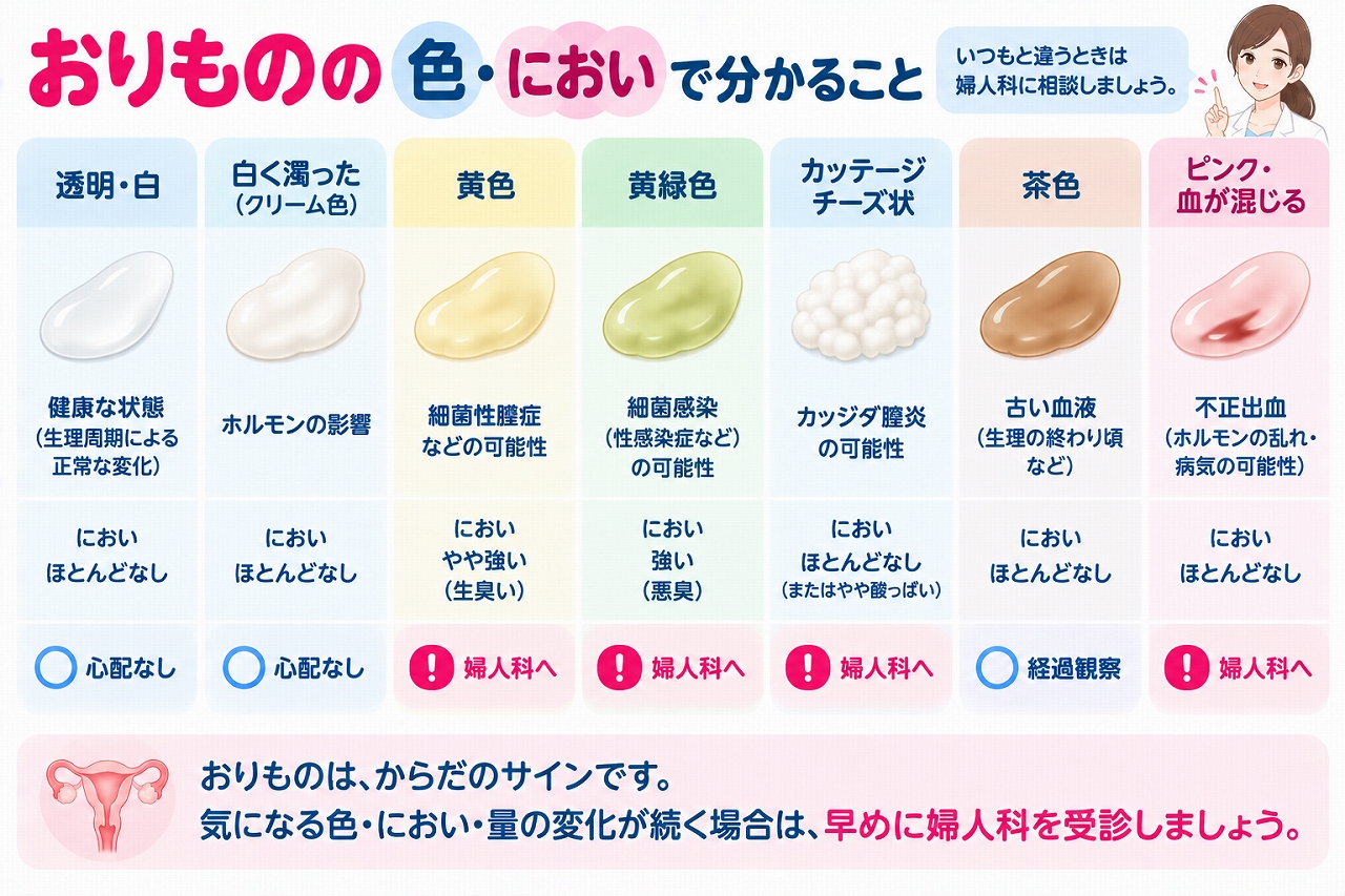 おりものの色やにおいから考えられる状態を解説したインフォグラフィック。透明・白、クリーム色、黄色、黄緑色、カッテージチーズ状、茶色、ピンク色や血が混じるおりものについて、正常な変化と感染症・不正出血など注意が必要なサインを紹介