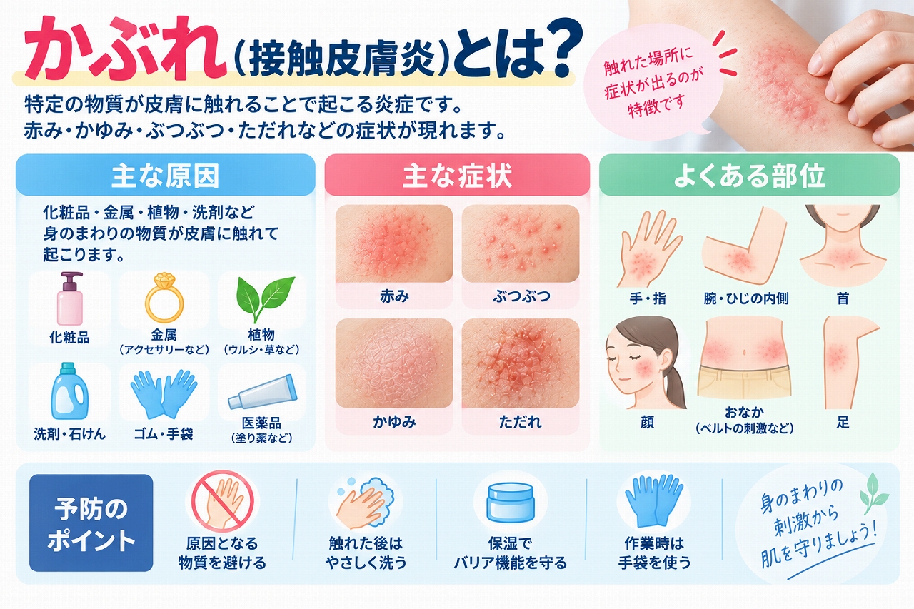 かぶれ（接触皮膚炎）とは、化粧品・金属・植物・洗剤などの物質が皮膚に触れることで炎症が起こり、接触した部位を中心に赤み・かゆみ・ぶつぶつ・ただれなどが現れる皮膚疾患で、主な原因や症状を示した図