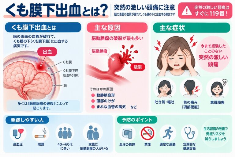 くも膜下出血とは？突然の激しい頭痛・原因・症状・危険因子を図解