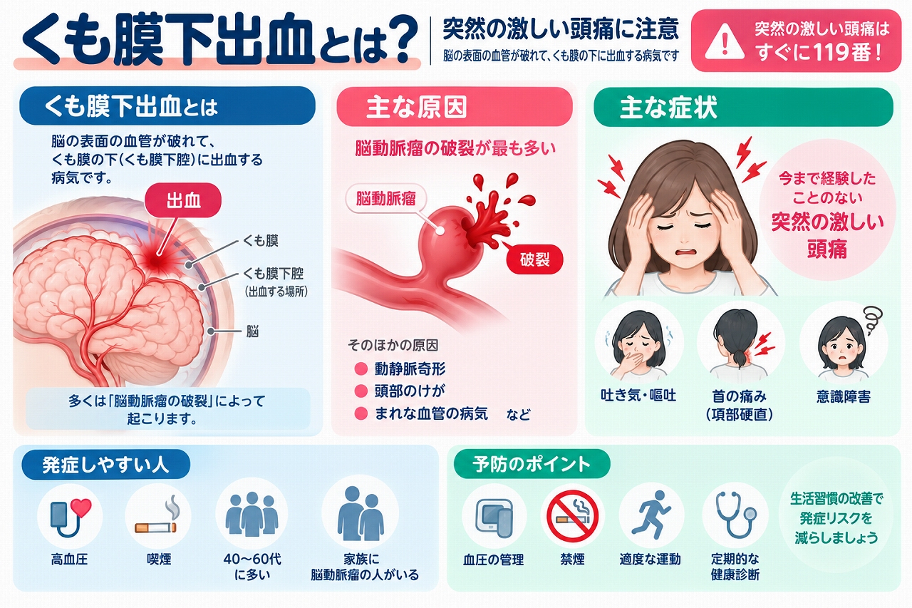 くも膜下出血の発症メカニズムを解説した医療インフォグラフィック。脳動脈瘤が破裂し、脳を覆うくも膜の下に出血する仕組みを図解。突然の激しい頭痛、吐き気・嘔吐、首の痛み、意識障害などの症状と、高血圧・喫煙・家族歴などの危険因子、予防のポイントを紹介。