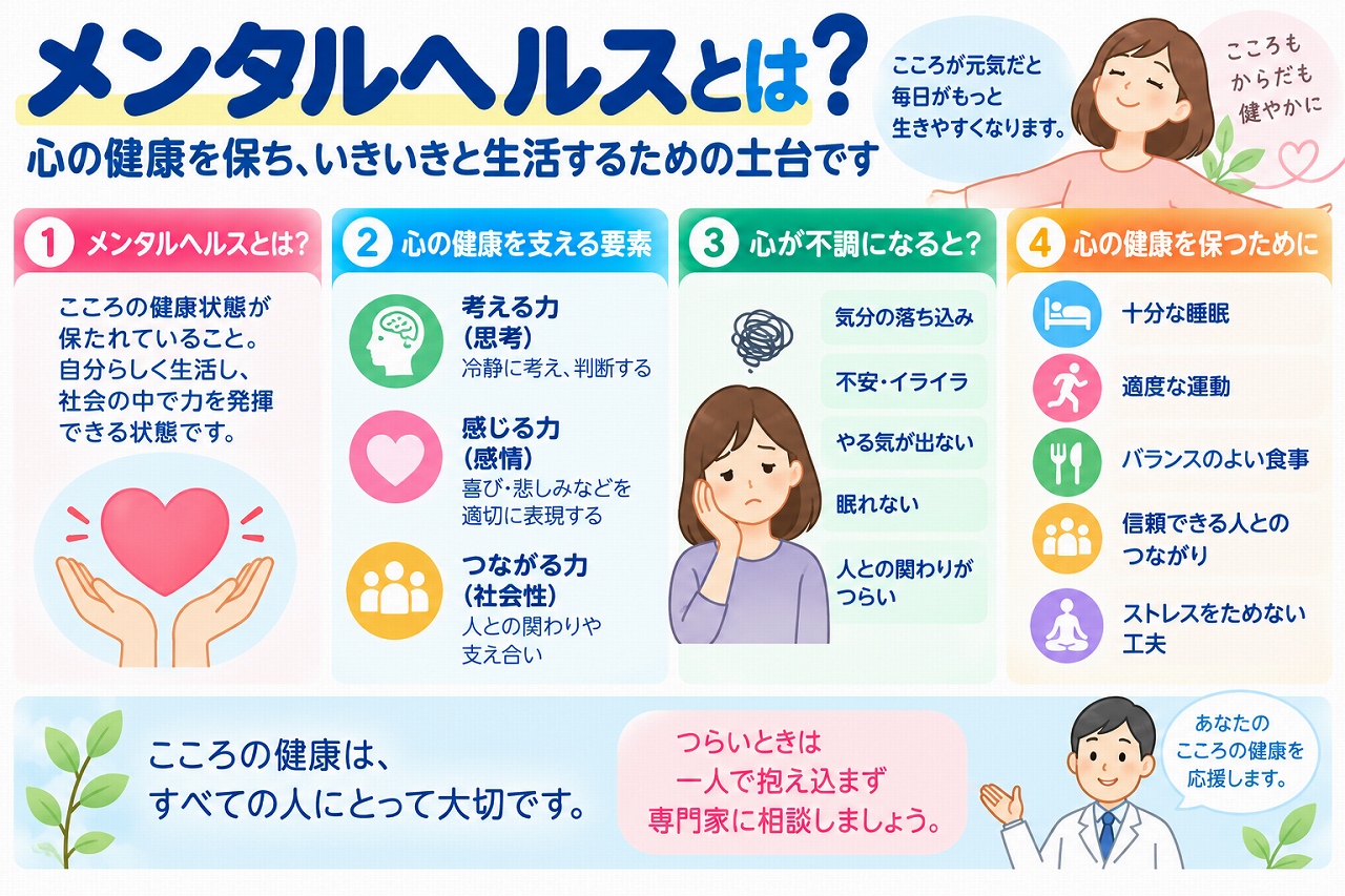 メンタルヘルスの意味や心の健康を支える要素、不調のサイン、セルフケアの方法を解説した医療インフォグラフィック。思考・感情・社会的なつながりが心の健康に関係することを図解。気分の落ち込み、不安、イライラ、意欲低下、不眠などの症状と、十分な睡眠、適度な運動、バランスのよい食事、人との交流、ストレス対策など、心の健康を保つための生活習慣を紹介。
