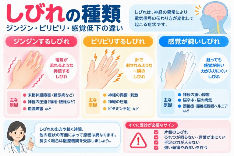 しびれの種類とは？ジンジン・ピリピリ・感覚低下の違いと原因を図解