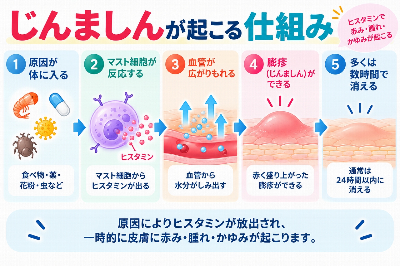 じんましんが起こる仕組みを、さまざまな刺激によってマスト細胞からヒスタミンなどが放出され、血管が広がり水分がしみ出すことで、赤く盛り上がった膨疹やかゆみが現れる流れで示した図