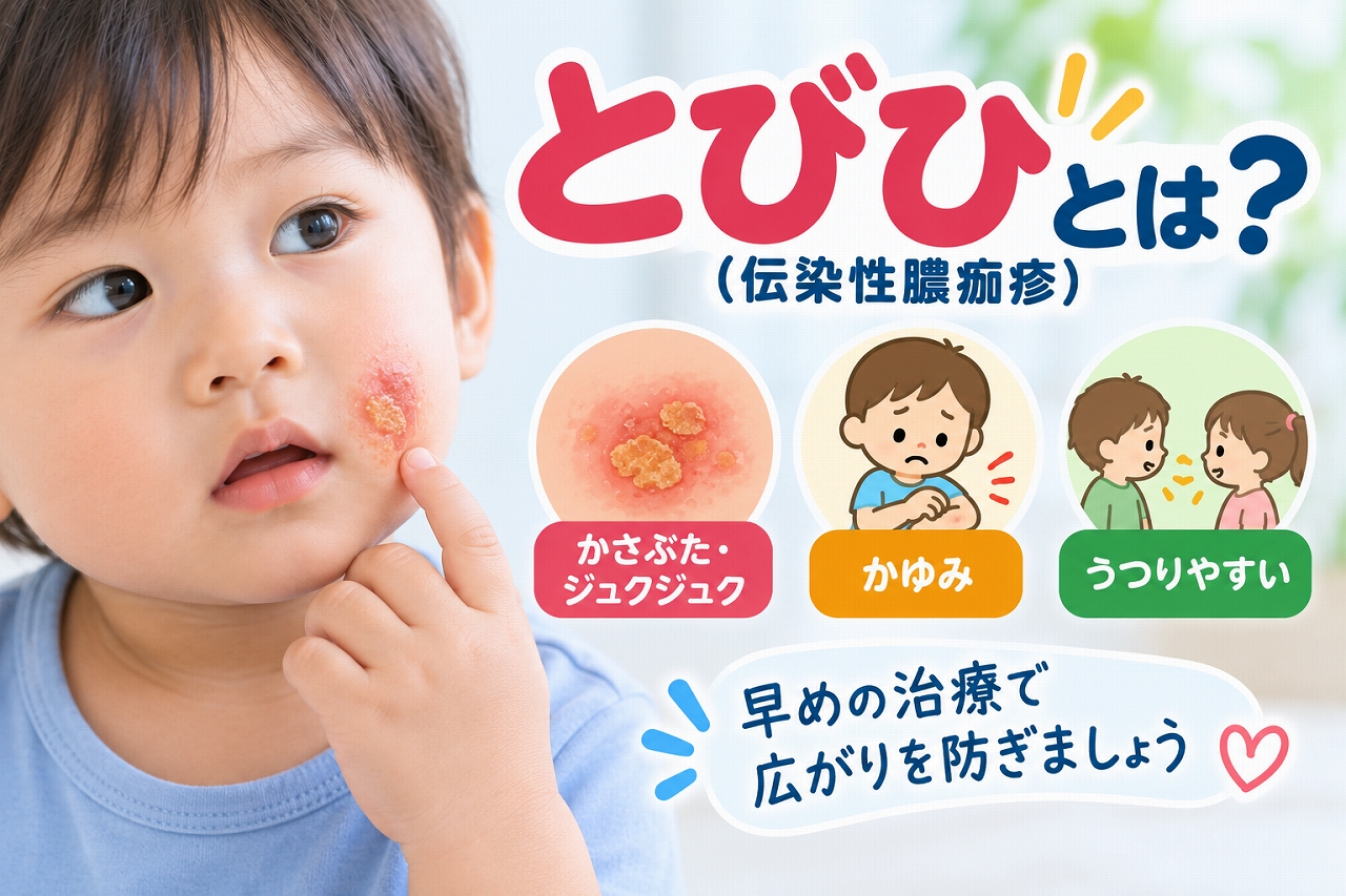 とびひ（伝染性膿痂疹）の症状と感染の特徴を解説した小児科医療インフォグラフィック。頬に赤みと黄色いかさぶたがみられる幼児の写真を配置し、皮膚のジュクジュクした病変、かゆみ、接触による感染の広がりを3つのイラストで示した図解。