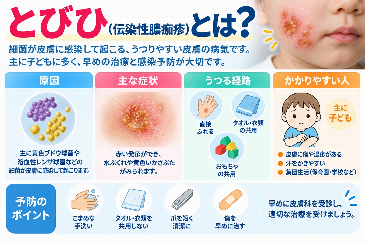 とびひ（伝染性膿痂疹）とは、黄色ブドウ球菌などの細菌が皮膚に感染して起こる病気で、水ぶくれ・赤み・黄色いかさぶたなどの症状や、直接接触やタオルなどを介してうつる経路、予防のポイントを示した図