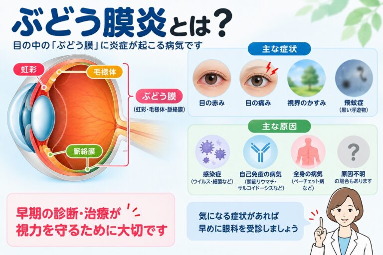 ぶどう膜炎とは？｜目の赤み・痛み・かすみ・飛蚊症を起こす原因と症状