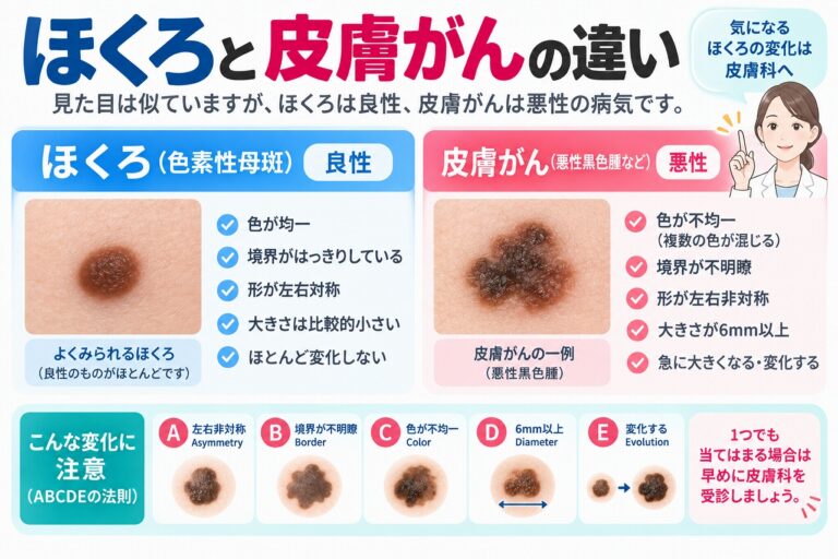 ほくろと皮膚がんの違いを、左右非対称、境界の不明瞭さ、色の不均一、大きさ、形や色の変化などの特徴で比較し、悪性黒色腫を見分ける目安となるABCDEの法則を示した図