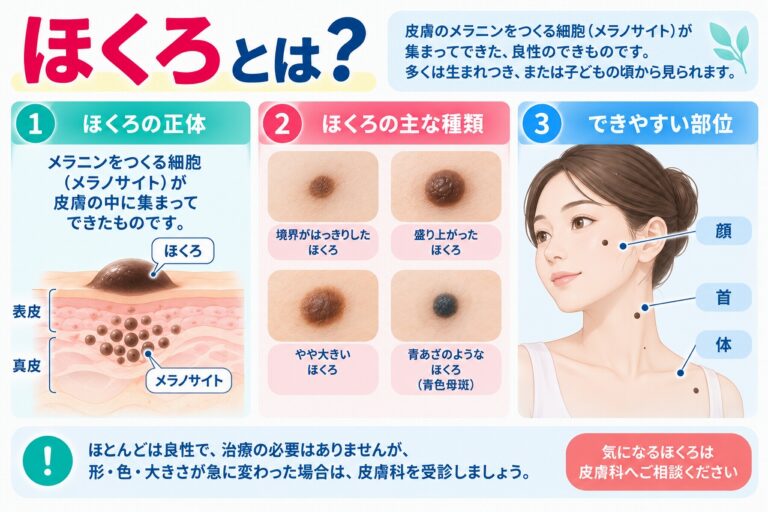 ほくろとは、メラニン色素をつくるメラノサイトなどが皮膚に集まってできる良性の色素性病変で、平らなほくろ・盛り上がったほくろ・青みを帯びたほくろなどの種類や、できやすい部位を示した図