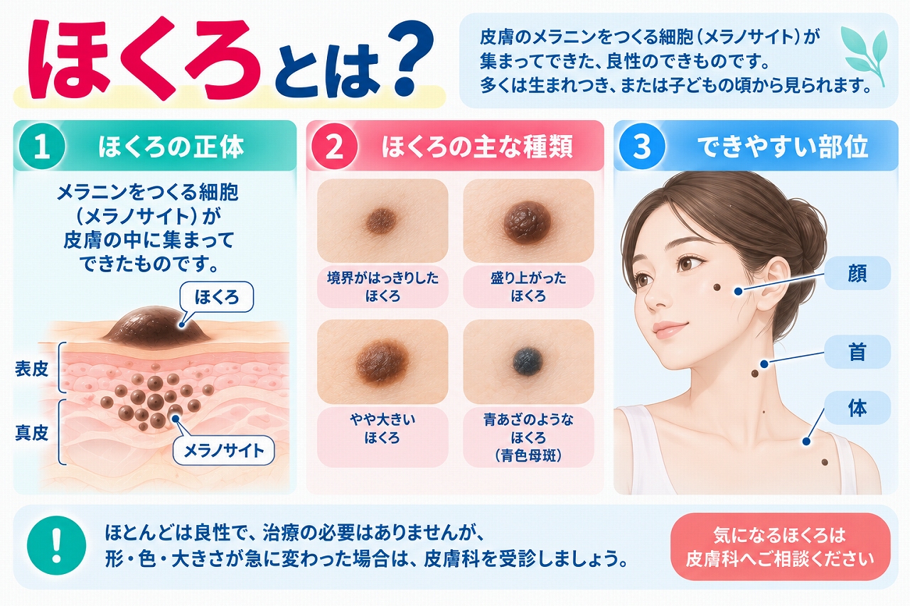 ほくろとは、メラニン色素をつくるメラノサイトなどが皮膚に集まってできる良性の色素性病変で、平らなほくろ・盛り上がったほくろ・青みを帯びたほくろなどの種類や、できやすい部位を示した図