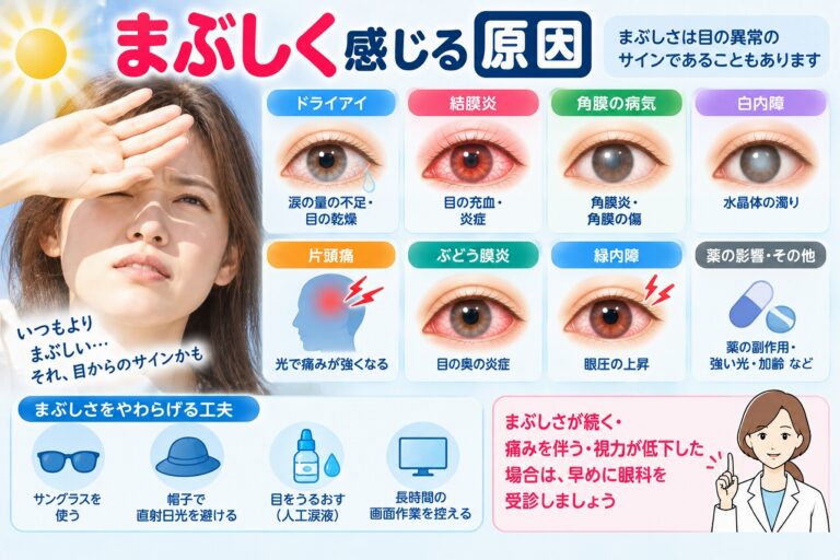 まぶしく感じる原因を解説したインフォグラフィック。ドライアイ、結膜炎、角膜炎、白内障、片頭痛、ぶどう膜炎、緑内障、薬の影響など、光をまぶしく感じる主な原因と眼科を受診する目安を紹介