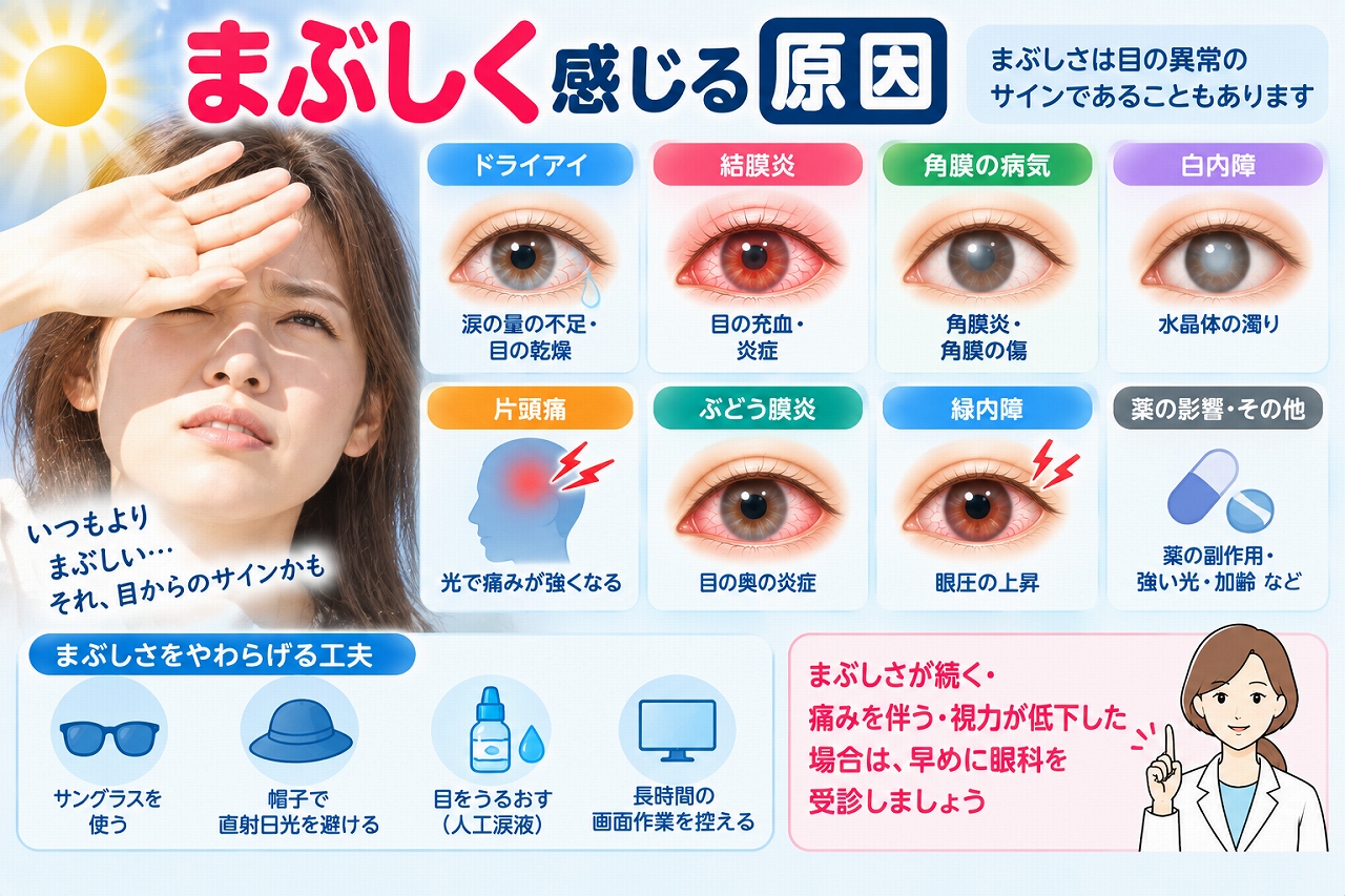 まぶしく感じる原因を解説したインフォグラフィック。ドライアイ、結膜炎、角膜炎、白内障、片頭痛、ぶどう膜炎、緑内障、薬の影響など、光をまぶしく感じる主な原因と眼科を受診する目安を紹介