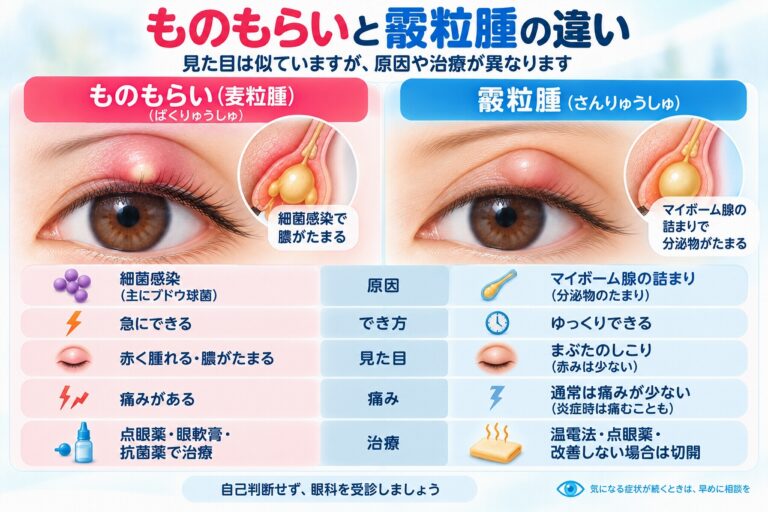 ものもらい（麦粒腫）と霰粒腫の違い｜原因・症状・痛み・治療を比較