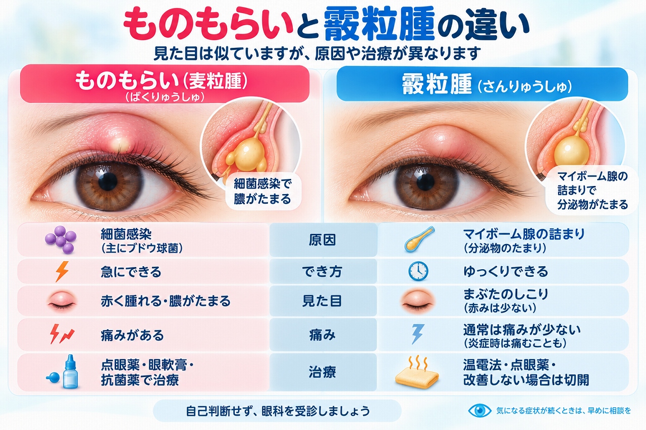 ものもらい（麦粒腫）と霰粒腫の違いを比較したインフォグラフィック。細菌感染による麦粒腫と、マイボーム腺の詰まりによる霰粒腫について、でき方、見た目、痛み、治療方法の違いを解説