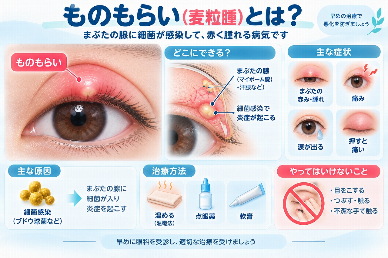 ものもらい（麦粒腫）を解説したインフォグラフィック。まぶたの腺に細菌が感染して炎症が起こり、赤み、腫れ、痛みなどの症状が現れる仕組みや原因、治療方法、注意点を紹介