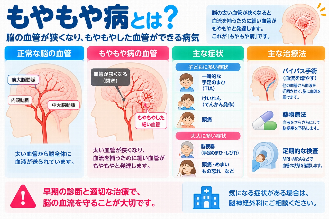 もやもや病の仕組みと主な症状、治療法を解説した医療インフォグラフィック。正常な脳血管ともやもや病の血管を比較し、内頸動脈の終末部などが狭くなり、血流を補うために細い側副血管が発達する様子を図解。子どもに多い一過性の手足の麻痺やけいれん、大人にみられる脳梗塞・脳出血などの症状と、バイパス手術、薬物療法、MRI・MRAによる検査を紹介。