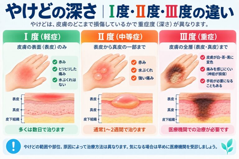 やけどの深さをⅠ度・Ⅱ度・Ⅲ度に分け、Ⅰ度は表皮、Ⅱ度は真皮、Ⅲ度は皮膚全層に及ぶ熱傷として、赤み・水ぶくれ・痛み・皮膚の変色などの症状と損傷範囲の違いを比較した図