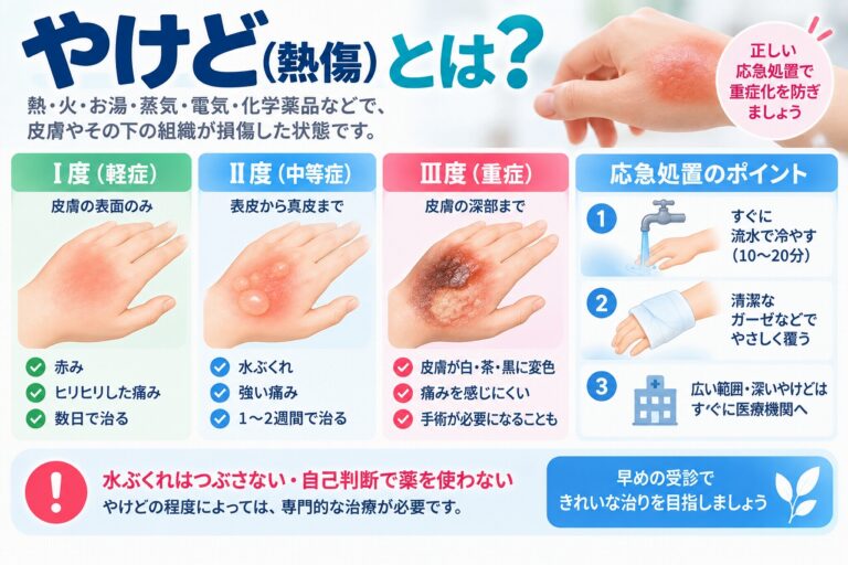 やけど（熱傷）とは、熱・火・お湯・蒸気・電気・化学物質などによって皮膚や組織が損傷した状態で、Ⅰ度・Ⅱ度・Ⅲ度の症状の違いと、流水で冷やすなどの応急処置を示した図