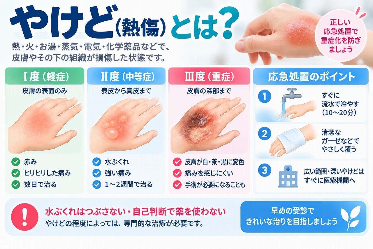 やけど（熱傷）とは、熱・火・お湯・蒸気・電気・化学物質などによって皮膚や組織が損傷した状態で、Ⅰ度・Ⅱ度・Ⅲ度の症状の違いと、流水で冷やすなどの応急処置を示した図