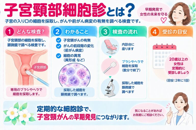 子宮頸部細胞診について解説したインフォグラフィック。子宮頸部から専用のブラシなどで細胞を採取して顕微鏡で調べ、子宮頸がんや前がん病変、細胞の異常を確認する検査の方法と流れ、受診の目安について紹介