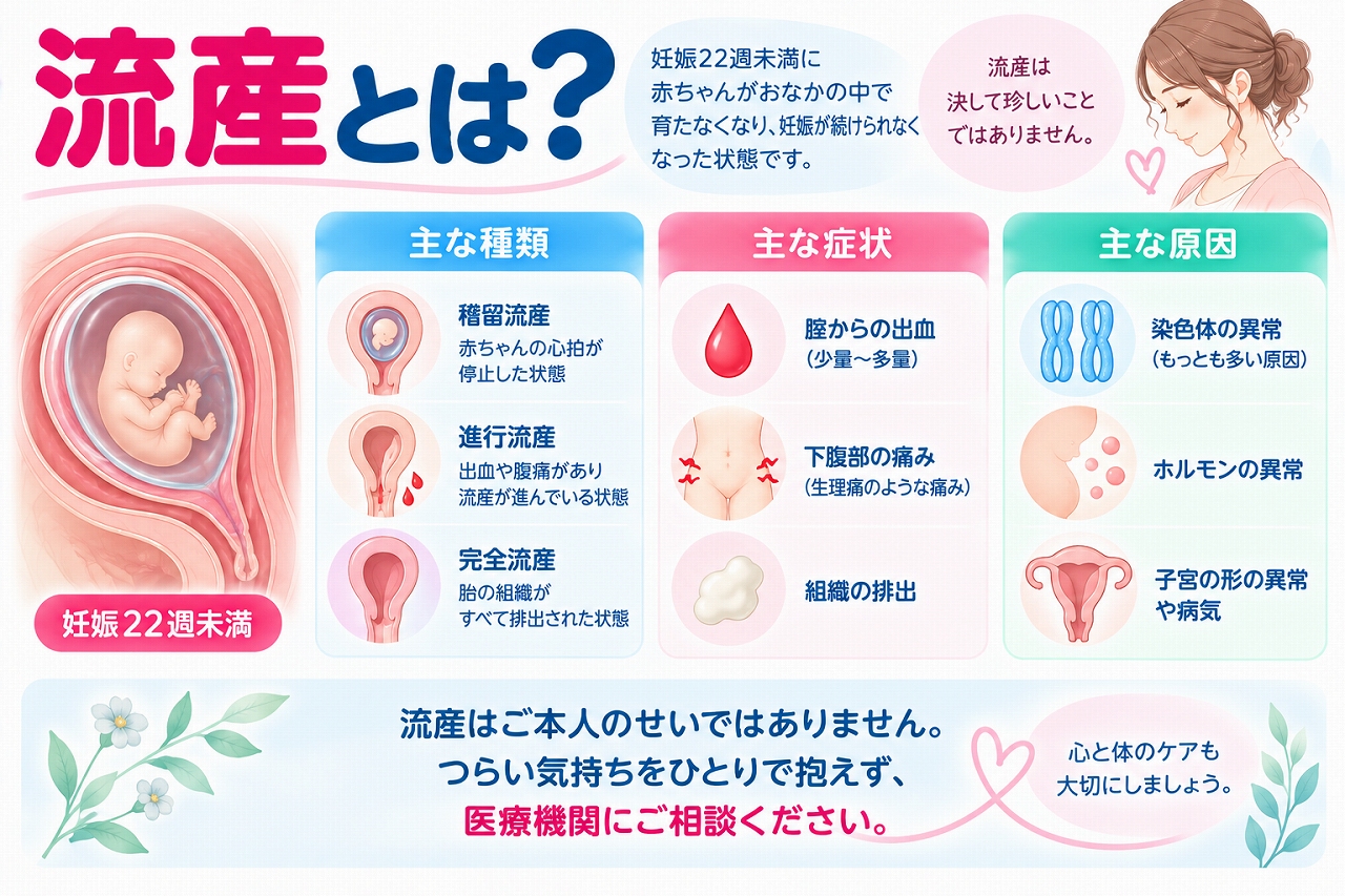 流産について解説したインフォグラフィック。妊娠22週未満に妊娠が継続できなくなる状態について、稽留流産・進行流産・完全流産などの種類と、出血、下腹部痛、組織の排出などの症状、主な原因を紹介