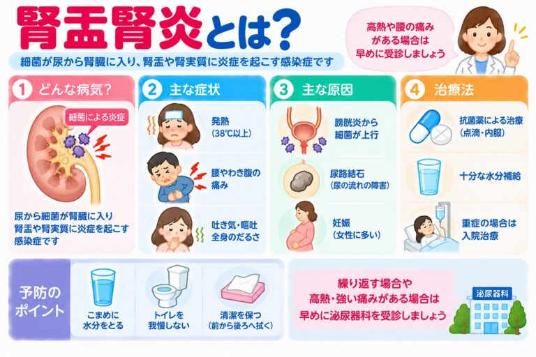 腎盂腎炎の原因や症状、治療法を解説した医療インフォグラフィック。尿路から細菌が腎臓へ侵入し、腎盂や腎実質に炎症を起こす仕組みを図解。発熱、腰やわき腹の痛み、吐き気、全身のだるさなどの症状と、膀胱炎からの上行性感染、尿路結石などの原因、抗菌薬による治療や早期受診の重要性を紹介。