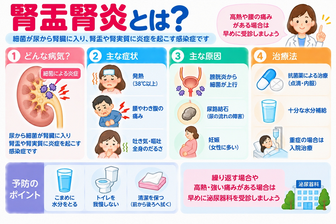 腎盂腎炎の原因や症状、治療法を解説した医療インフォグラフィック。尿路から細菌が腎臓へ侵入し、腎盂や腎実質に炎症を起こす仕組みを図解。発熱、腰やわき腹の痛み、吐き気、全身のだるさなどの症状と、膀胱炎からの上行性感染、尿路結石などの原因、抗菌薬による治療や早期受診の重要性を紹介。
