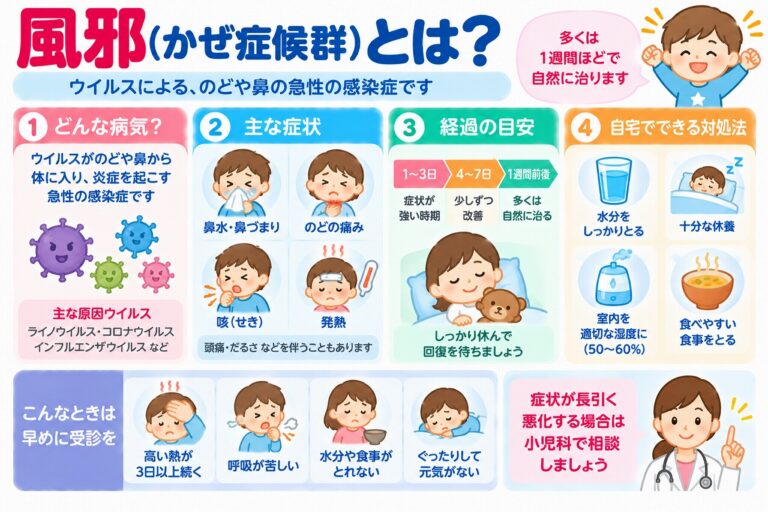風邪（かぜ症候群）とは？子どもの主な症状・原因・経過・家庭での対処法を図解